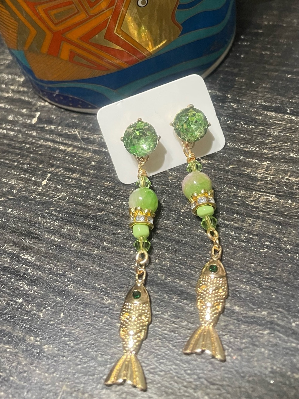 Handcrafted Fish Charm Earrings with Green Beads - Picture 3 of 4